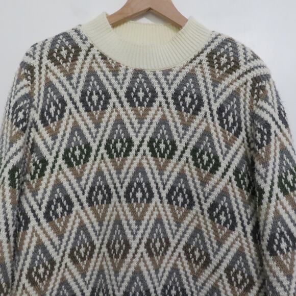 Alfred Dunner Womens Sz L Cream Green Tan Diamond Knit Sweater Made in the USA - Picture 3 of 7